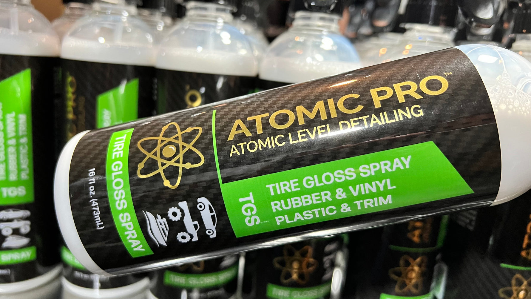 ATOMIC PRO TGS Tire Gloss Spray work on vinyl, rubber, plastic for interior and exterior use