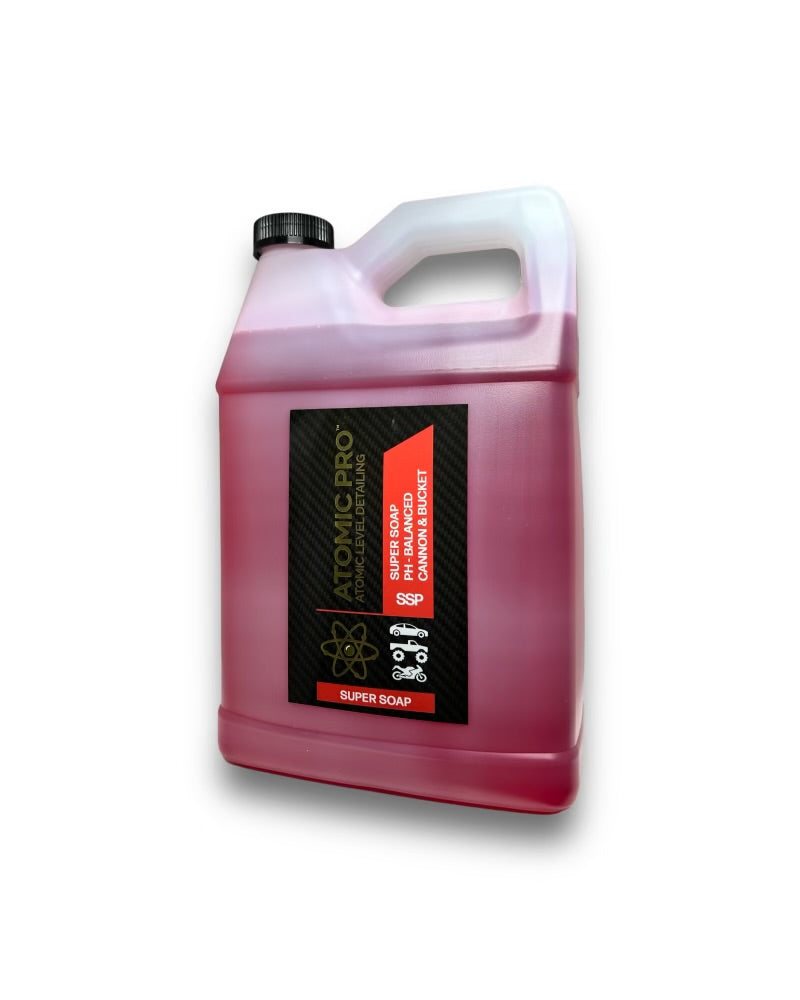 ATOMIC PRO Super Soap is a PH balanced wet wash soap that works in foam cannons, or bucket wash for coated and non coated vehicles